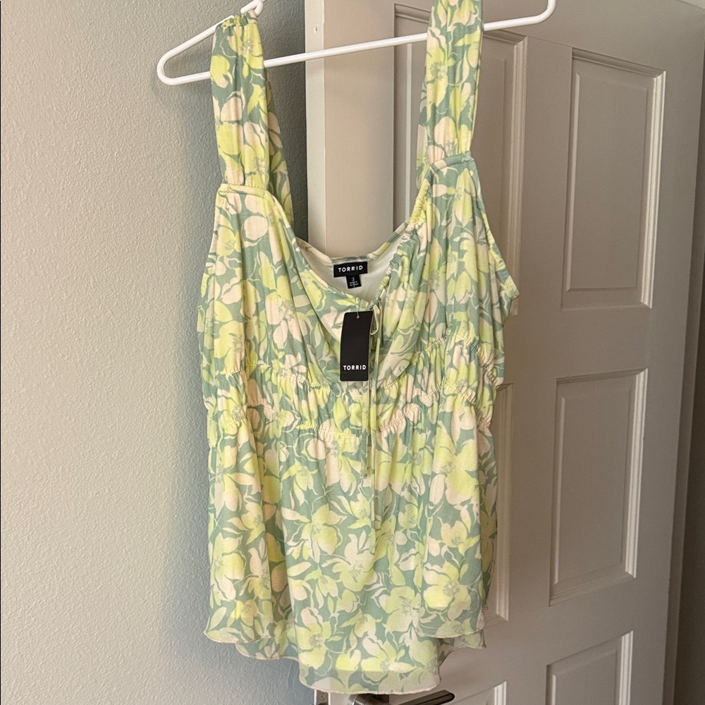 Torrid Light Green and Yellow Floral Tank Top